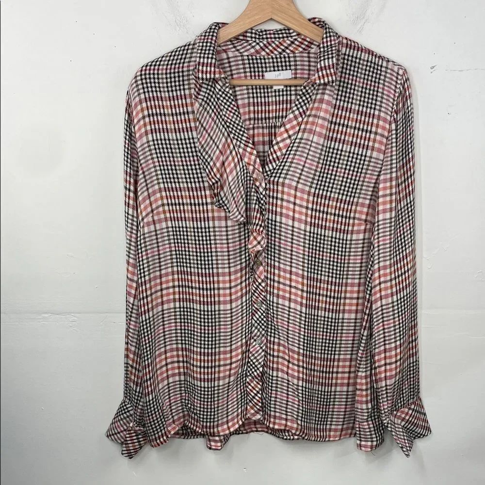 J.Jill Top Women's Glen Check Plaid Ruffled Button-Front Blouse Top size Medium